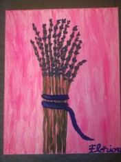 TABLOU PE PANZA CU SASIU NOU 24X30 CM BUCHET CU LAVANDA PRET 20 LEI PICTOR FLORIAN