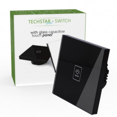 Intrerupator Touch Techstar® TG02, Sticla Securizata, Design Modern, Iluminare LED, 1 Faza, Negru