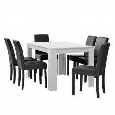 Masa eleganta Cleo 3 - MDF furniruit, alb, 140 x 90 cm - cu 6 scaune imitataie de piele, gri inchis, cu picioare negre foto