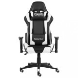 Scaun Gaming Pivotant vidaXL, Alb/Negru, PVC, Inaltime Ajustabila, Suport Lombar si Gat, 110kg