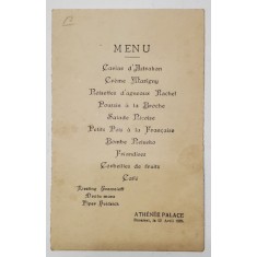 RESTAURANT ATHENEE PALACE , BUCURESTI , MENIUL ZILEI DE 10 APRILIE , 1924 , TEXT IN LB. FRANCEZA