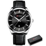 Ceas Barbatesc Curren 8365 Quartz Sport Elegant, Otel Inoxidabil, Curea Piele Ecologica, Negru-Argintiu, Data