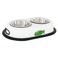 Bol dublu pentru hrana animale cu suport gumat, diametru bol 16cm, Alb