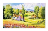 Cumpara ieftin Tablou peisaj rural cu case si capite de fan pictat manual, Colt de rai, 100x60cm ulei pe panza Constantin Feraru