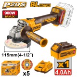 Flex Unghiular Profesional 20V 115mm 900W Brushless INGCO CAGLI261521E, 3000/6000/9000 rpm, filet M14, 1 acumulator 4Ah + incarcator + accesorii inclu