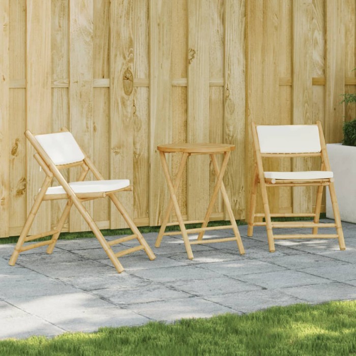 Gossi set de bistro pliabil, 3 piese, cu perne alb crem, bambus