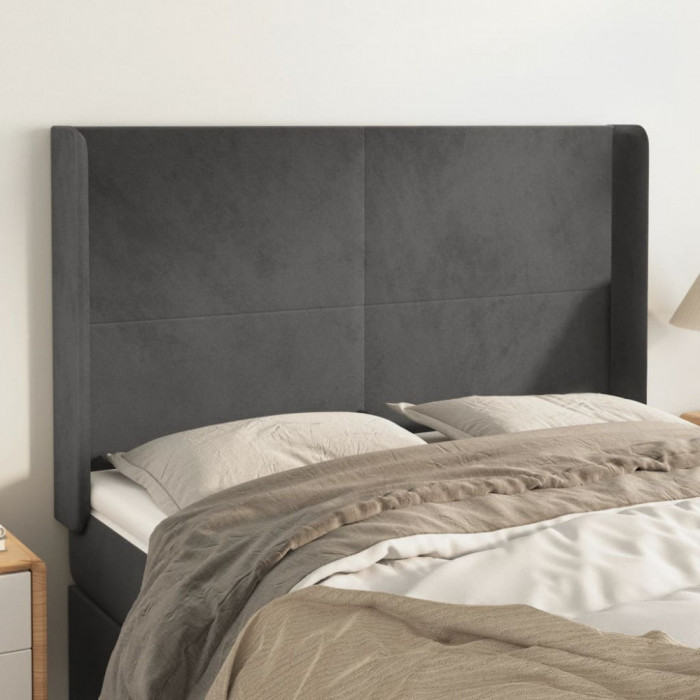 vidaXL Tăblie de pat cu aripioare gri &icirc;nchis 147x16x118/128 cm catifea