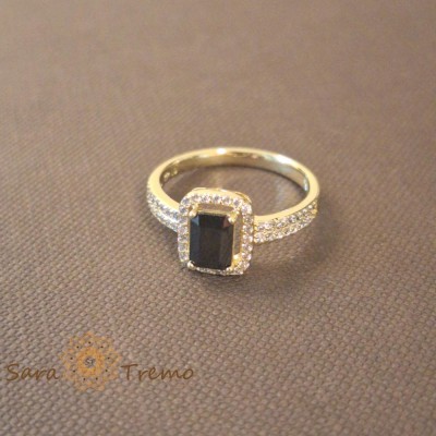 Inel elegant cu cristal negru fumuriu si zirconia - placat 14k foto
