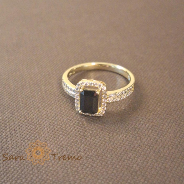 Inel elegant cu cristal negru fumuriu si zirconia - placat 14k
