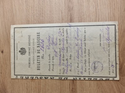 Buletin de nastere Bucuresti 1903 / Bucuresci foto