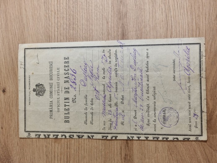 Buletin de nastere Bucuresti 1903 / Bucuresci