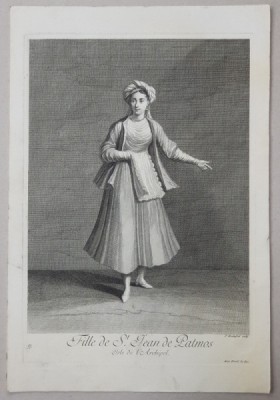 FILLE DE ST . JEAN DE PATMOS , ISLE DE L &amp;#039;ARCHIPEL par P. ROCHEFORT , TANARA GRECOAICA DIN INSULA SFANTUL IOAN DE PATMOS , GRAVURA , 1714 foto