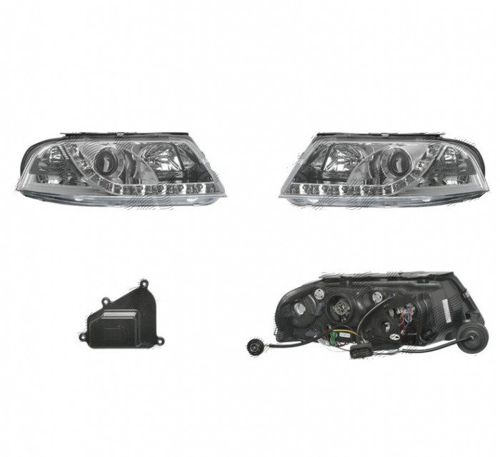 Set faruri tuning VW PASSAT (B5), 11.2000-01.2005, Taiwan, partea stanga+dreapta, pozitie pe LED;tip bec H1+H1; manual/electric; transparent, arginti