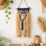 Decorațiune de Perete Rotundă Macrame cu Lemn și Raffia Albastru, CMCLASS