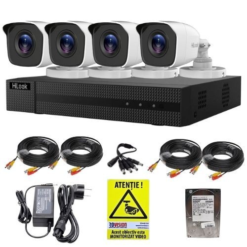 Sistem supraveghere HiLook 4 camere exterior Full HD 2MP infrarosu 20m IP66, DVR 4 canale 2MP, accesorii, HDD 500GB + Autocolant Rovision SafetyGuard