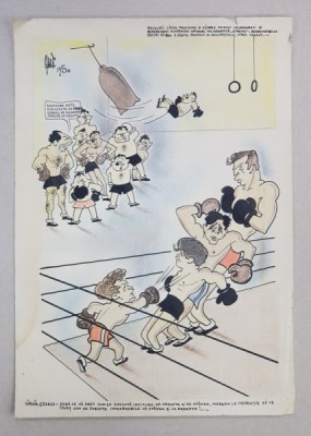 CARICATURA CU VIRGIL CAZACU SI BOXEURII LINCA , MANTOMA SI FUHREZ , SEMNATA SI DATATA 1950 foto