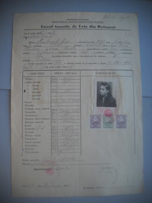 HOPCT DOCUMENT VECHI NR 423 STEINBERG EVA -EVREULICEUL DE FETE BOTOSANI 1949 foto