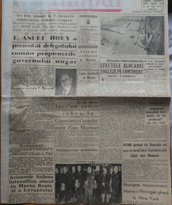 Ziarul Timpul, 18 august 1940, propunerile Diktatului de la Viena