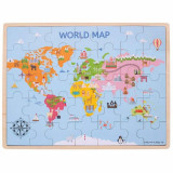 Puzzle din lemn Harta lumii, 35 piese, 1.2 x 42.8 x 32.5 cm, 3 ani+, Bigjigs
