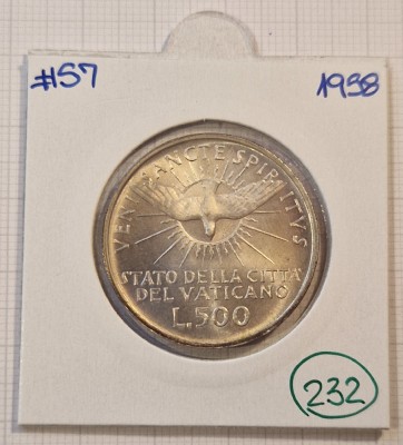 232 Vatican, 500 Lire 1958, KM#57, Sede Vacante, Argint, Excelenta, foto