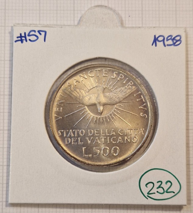 232 Vatican, 500 Lire 1958, KM#57, Sede Vacante, Argint, Excelenta,