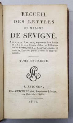 RECUEIL DES LETTRES DE MADAME DE SEVIGNE , TOME TROISIEME , 1810 foto