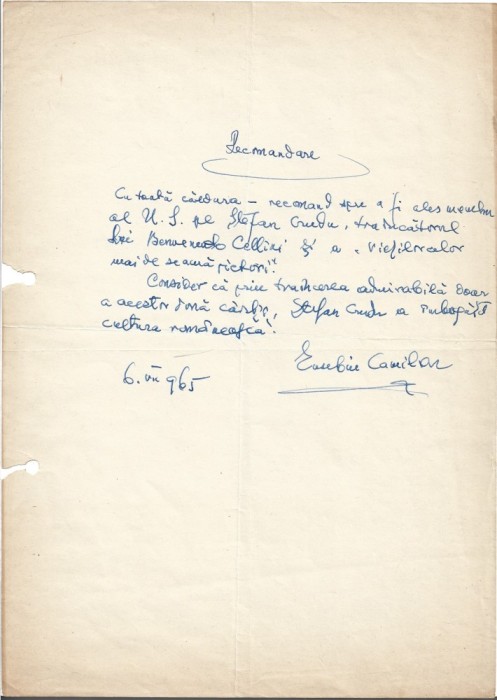 A3241N Document scris și semnat olograf de Eusebiu Camilar, 1965