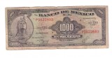 Bancnota Mexic 1000 pesos 18 februarie 1977, circulata, uzata, rara