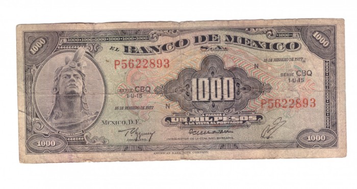 Bancnota Mexic 1000 pesos 18 februarie 1977, circulata, uzata, rara