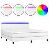 Cumpara ieftin Pat cu arcuri, saltea si LED, alb, 160x200 cm, piele ecologica