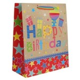 Sacosa cadou din hartie bej cu model stele colorate si manere in dungi, Happy Birthday, 26x12x32cm, CMCLASS