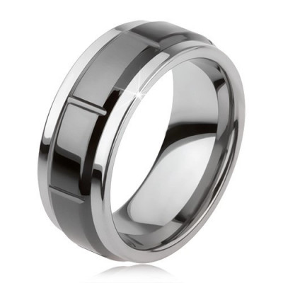 Inel din tungsten cu crestături, argintiu, suprafaţă neagră lucioasă - Marime inel: 49 foto
