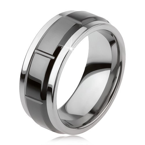 Inel din tungsten cu crestături, argintiu, suprafaţă neagră lucioasă - Marime inel: 49