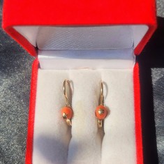 Cercei foarte vechi aur galben 14K cu coral natural, 4,5 grame, pot fi pentru orice varsta