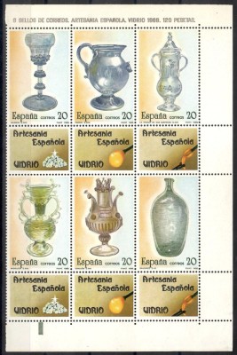 Spania 1988 - Sticlărie, bloc de 6 timbre + 6 viniete, MNH foto