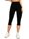 Colanti sport dama,trei sfert, 3 4, talie inalta pentru fitness si yoga, elastici, model capri, Negru - M