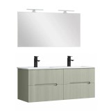 Set mobilier baie Leziter Trent 120 cm verde, 4 sertare, lavoar ceramic dublu, oglinda 60x120 cm, pe perete