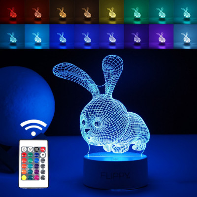 Lampa LED decorativa, Flippy, 3D, Iepure, cu USB si baterii, 20 cm inaltime, din material acril, lumina multicolora si telecomanda inclusa, alb foto