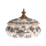 Bol vintage decorativ din ceramica cu capac si detalii florale aurii 22 cm