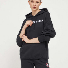 Converse bluza femei, culoarea negru, cu glugă, cu imprimeu