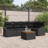 Set Canapea Gradina 6 Piese Ratan Polimer Negru Acacia Perne Incluse, Exterior, 5 Locuri