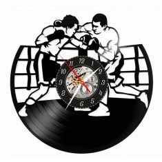 Ceas de perete din disc vinil, Tematică Box / Boxing, Design Luptători &icirc;n Ring, Negru