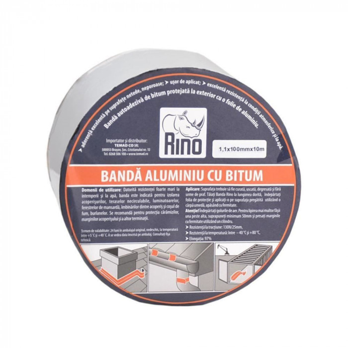 Banda Etansare din Aluminiu cu Bitum RINO, 1.1x100mm x 10m, Banda Etansare Aluminiu cu Bitum, Banda din Aluminiu pentru Etansare, Banda pentru Etansar