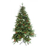 Brad artificial decorat premium de craciun bogat, 1.80 m inaltime, 774 ramuri, cu 56 conuri pin rosii, interior/ exterior, verde