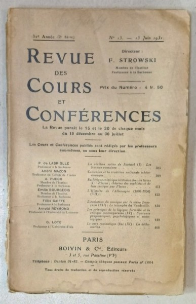 REVUE DES COURS ET CONFERENCES , No. 13 , 15 JUIN 1931