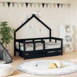 Cumpara ieftin Cadru de pat copii cu sertare, negru, 70x140 cm, lemn masiv pin
