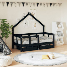 vidaXL Cadru de pat copii cu sertare, negru, 70x140 cm, lemn masiv pin