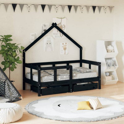 vidaXL Cadru de pat copii cu sertare, negru, 70x140 cm, lemn masiv pin foto
