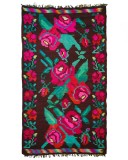Covor vintage din l&acirc;nă 129&times;218 cm, țesut la război, model trandafiri (stil Moldova / tip &ldquo;basarabean&rdquo;), cu franjuri