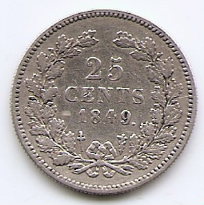 Olanda 25 Cents 1849 - Willem II, Argint 3.575g/640, 19.3 mm KM-76 foto